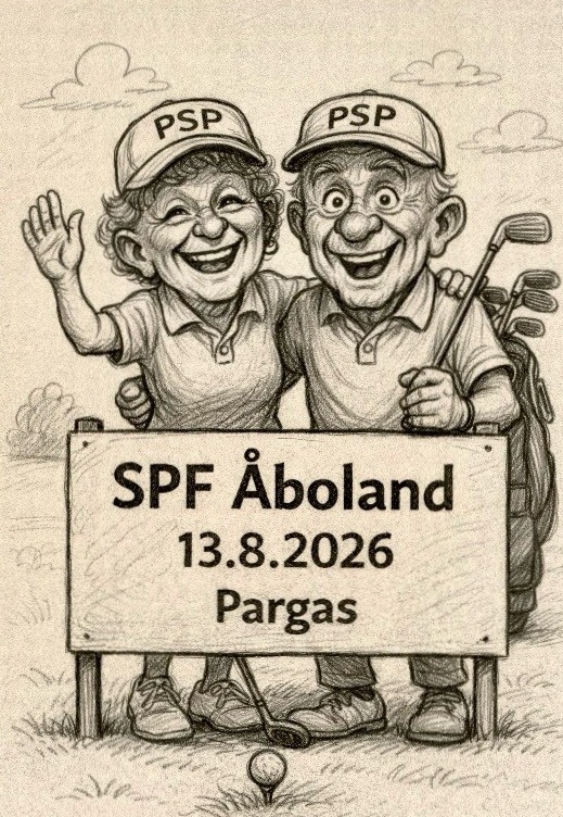Blyertsteckning av två leende äldre personer i golfkläder som står bakom en skylt med texten SPF Åboland 13.8.2026 Pargas, med golfklubbor synliga och en person som vinkar till betraktaren.