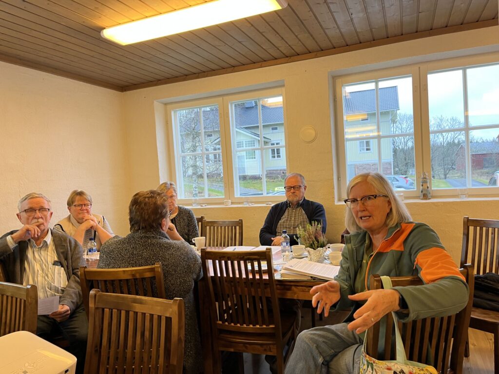En grupp på sex vuxna sitter runt ett träbord i ett mötesrum med stora fönster. På bordet ligger papper, pennor och vattenflaskor. En kvinna i förgrunden gestikulerar medan hon talar.