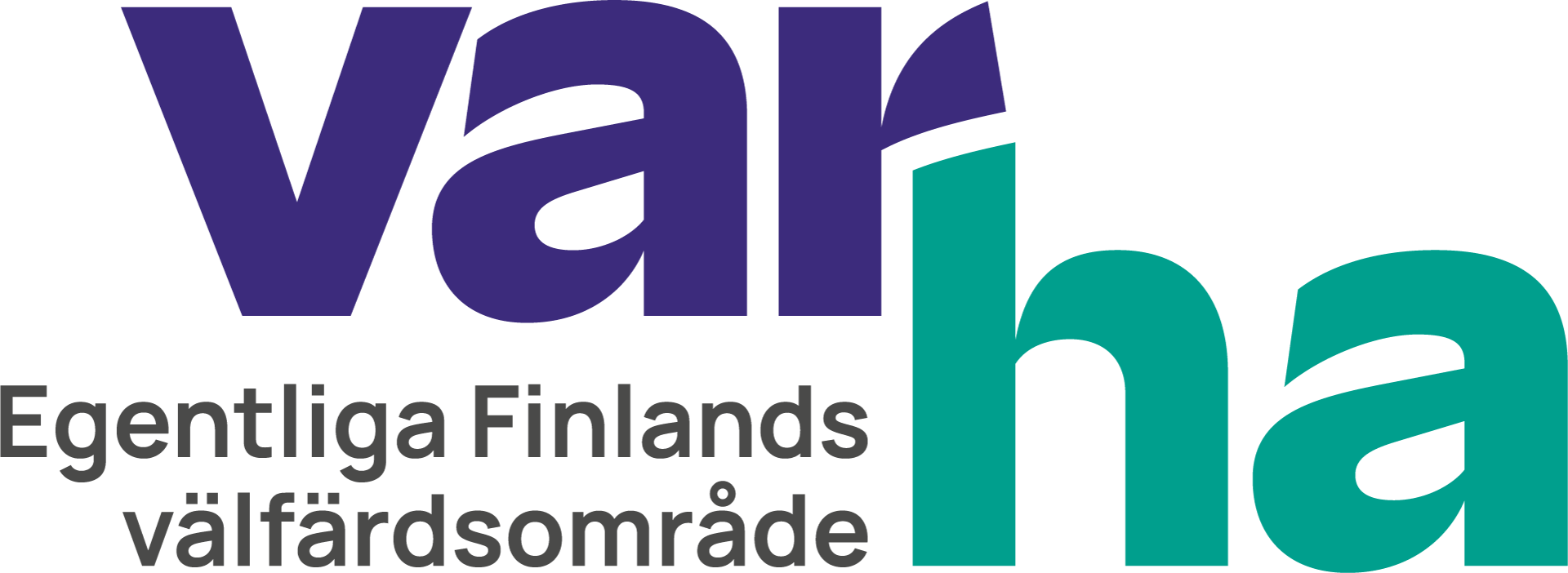 I logotypen står ordet ”varha” med stora bokstäver, där ”var” är mörkblått och ”ha” är turkosgrönt. Nedanför står det ”Egentliga Finlands välfärdsområde” med mindre, mörkgrå text.